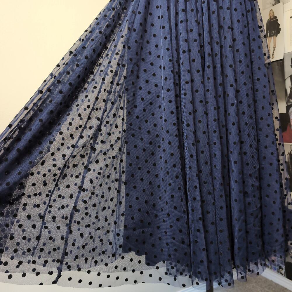 Navy Polka Dot Pleated Mesh Skirt Girly - Picture 2 of 6
